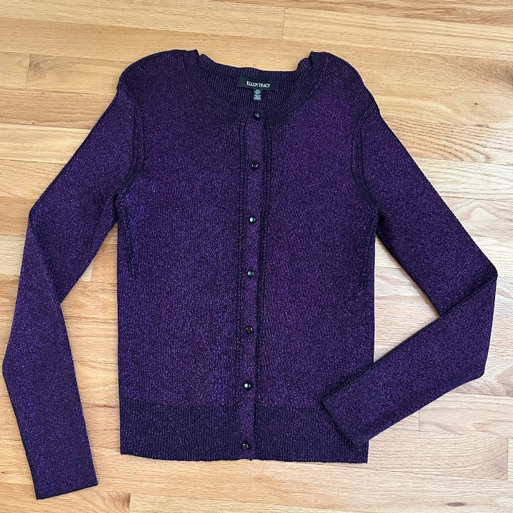 Ellen Tracy Sparkle Cardigan Sweater Purple Size Medium